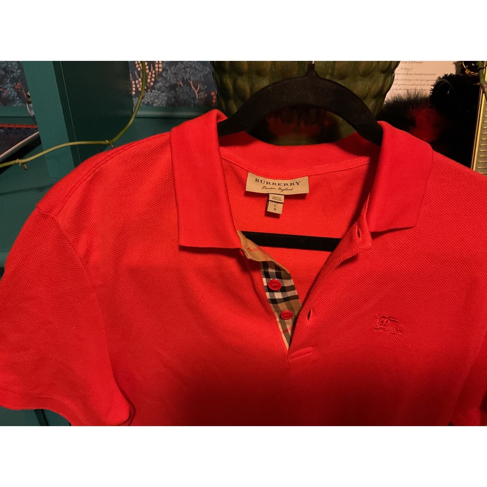 Burberry London England Mens Red Pique Polo Shirt House Check Placket Large